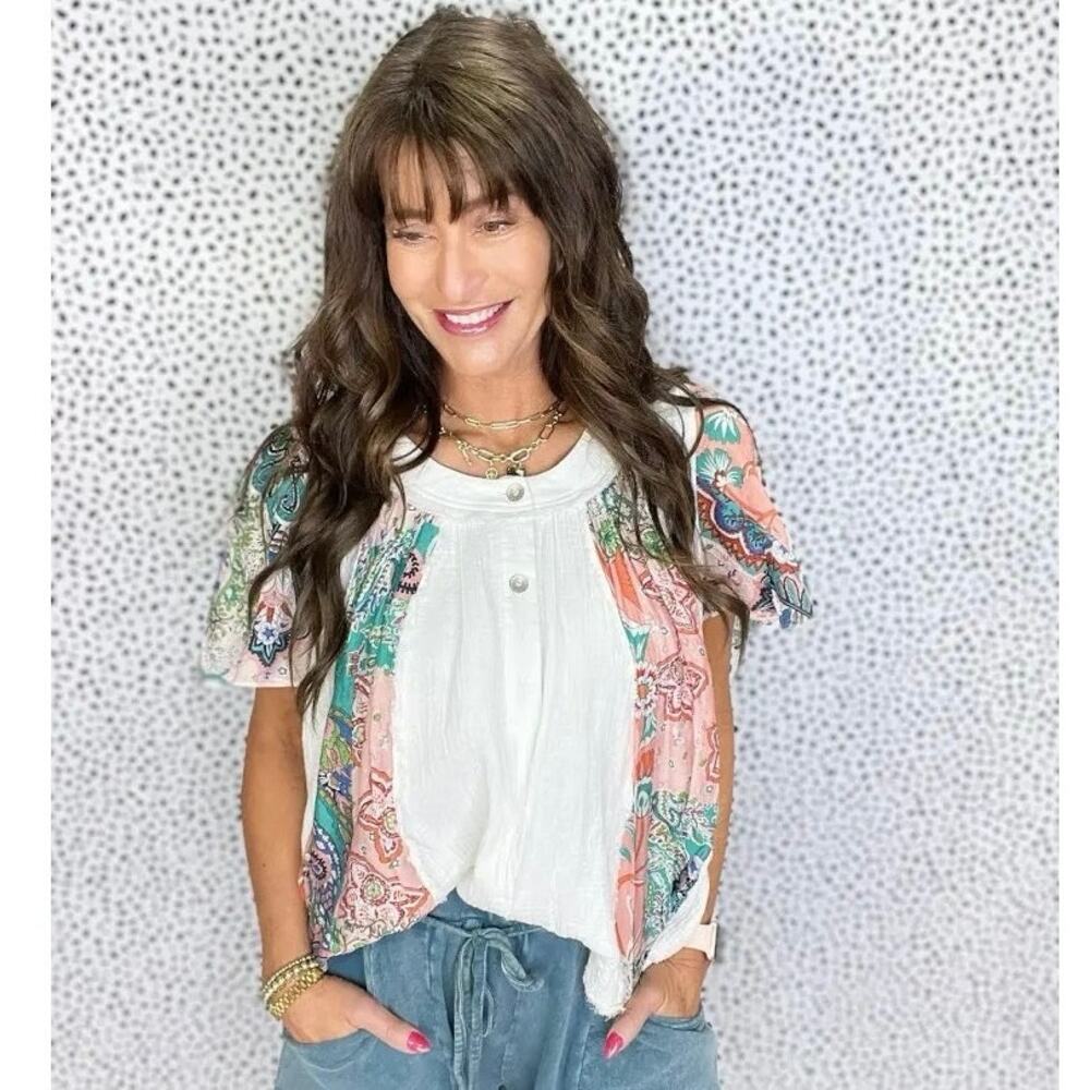 POL Boho Oversized Mixed Media Short Sleeve Top Size L Frayed Hems Patchwork NWT